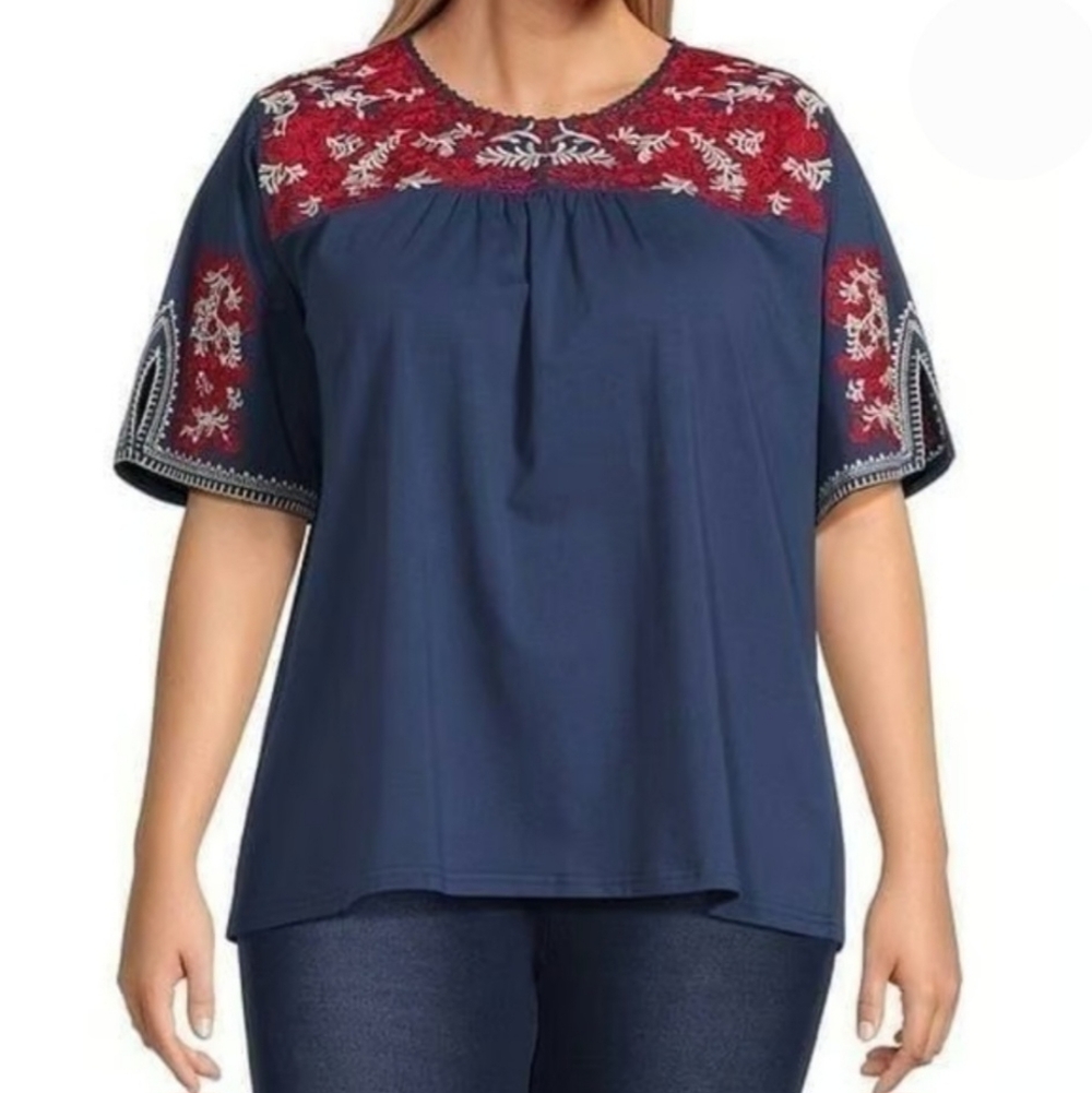 Calessa Top Women's L Navy Blue Cotton Red Embroidered Ethnic Boho 70s Relaxed